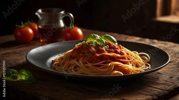 Fototapeta Homemade Spaghetti with Tomato Sauce and Basil in Rustic Setting