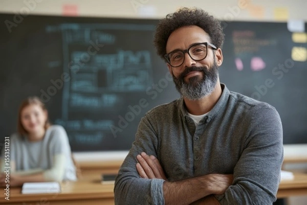 Fototapeta Confident teacher with crossed arms standing in classroom
