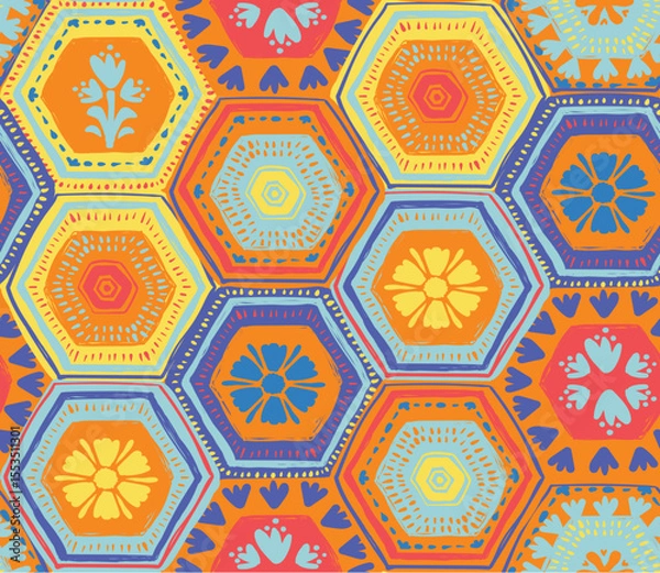 Fototapeta Geometric vector hexagon seamless pattern featuring multicolored segments, flowing across surface for textile, wallpaper, digital art background printing
