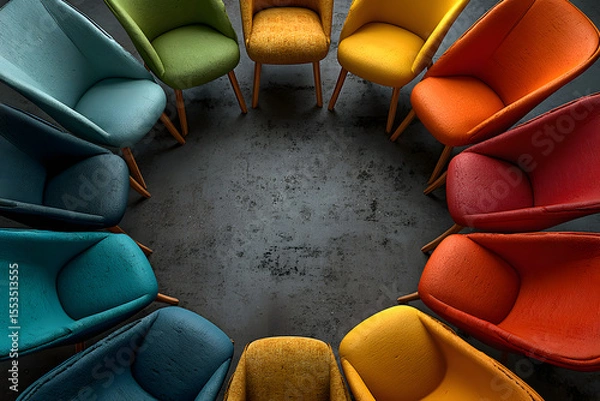 Fototapeta Colorful chairs circle arrangement meeting collaboration teamwork discussion group therapy concept