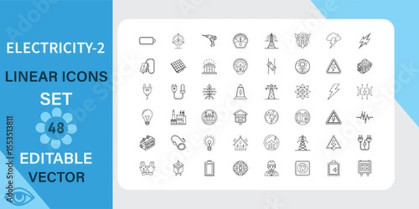 Obraz Electricity line art icons set. Solar, wind, hydro, nuclear and more. Outline vector icon in linear style. Editable stroke. Vector illustration.