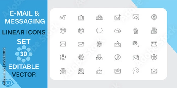 Obraz Email and messaging linear icons set. Communication, envelope, message, mail and more. Outline vector icon in linear style. Editable stroke. Vector illustration.