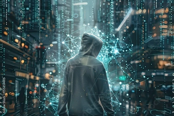 Fototapeta Hacker standing in front of computer code network and server racks