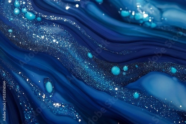Fototapeta A closeup of deep blue and cyan marble ink with glittering turquoise and silver speckles creating a cool and mesmerizing look