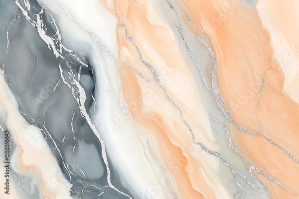 Fototapeta A closeup of fluid soothing marble ink in light peach gray and white with thin silver streaks enhancing the organic feel of the composition