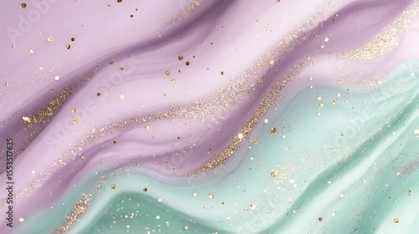 Fototapeta A closeup of lavender and mint green marble ink enhanced with soft golden glitter particles creating a sparkling and soothing look