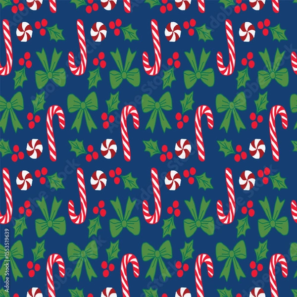 Fototapeta Christmas seamless pattern with classic candy canes, holly, and bows. Perfect for holiday textiles, wrapping paper and digital scrapbooking.