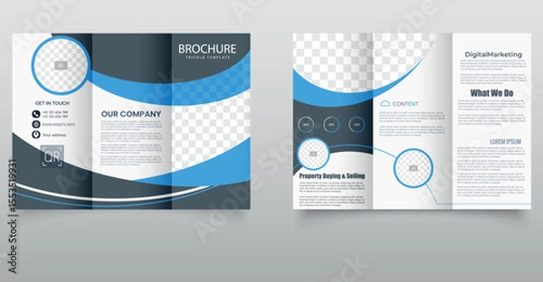 Obraz Corporate Blue and Blue Trifold Brochure Template for Business Promotion. Modern red and blue trifold brochure template with geometric design elements, perfect for business advertising, marketing.