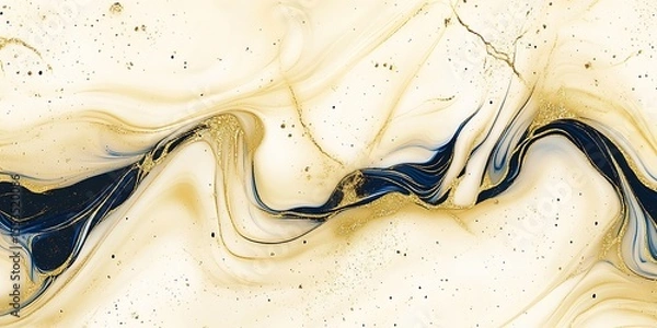 Fototapeta A close-up of luxurious cream-colored marble ink with delicate lines of gold and dark blue veins weaving throughout the surface