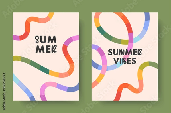 Fototapeta Summer abstract backgrounds with bright rainbow lines.Modern illustrations with colorful shapes.Summer vacation banners in simple fun style.Vertical prints for posters,banners,covers,branding,fashion