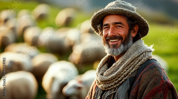 Fototapeta A smiling man in rustic clothing and a hat stands among a flock of sheep in a grassy field. Concept of pastoral life and agriculture. For rural lifestyle photo.