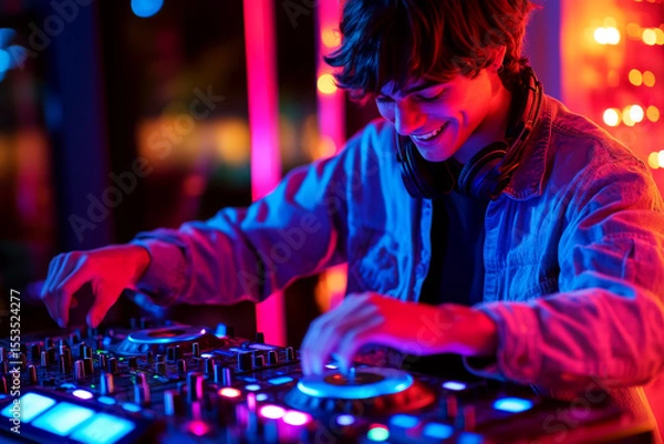 Fototapeta Young man wearing headphones is DJing at a vibrant party with colorful lights. Concept of nightlife entertainment. For event promotion.