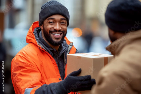 Fototapeta A person in an orange jacket hands a package to another person in an outdoor setting. Concept of delivery, service, and connection. For a photo depicting delivery service interaction.