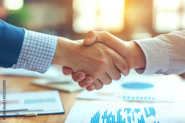 Fototapeta Two hands shaking over a table with financial papers, symbolizing agreement and partnership. Concept of business collaboration. For business marketing.