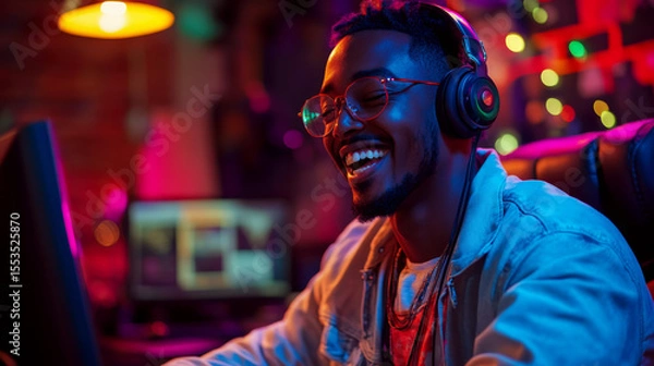 Fototapeta Smiling person with headphones sits at a computer in a colorful, dimly-lit room. Concept of gaming, entertainment, relaxation. For lifestyle photo.