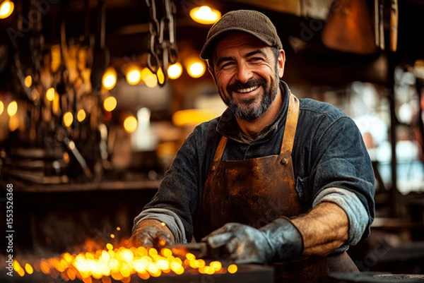 Fototapeta Smiling blacksmith in an apron and cap works with glowing metal in a warm-lit workshop. Concept of craftsmanship and manual work. For promoting traditional skills.