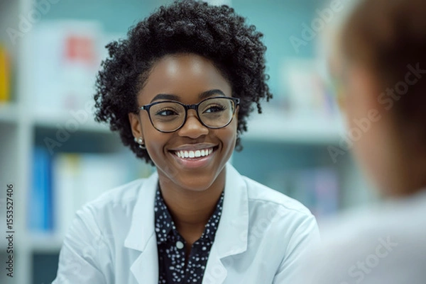 Fototapeta A woman in a white coat, wearing glasses, smiles while talking to someone in a room with shelves. Concept of professionalism and friendliness. For medical website.
