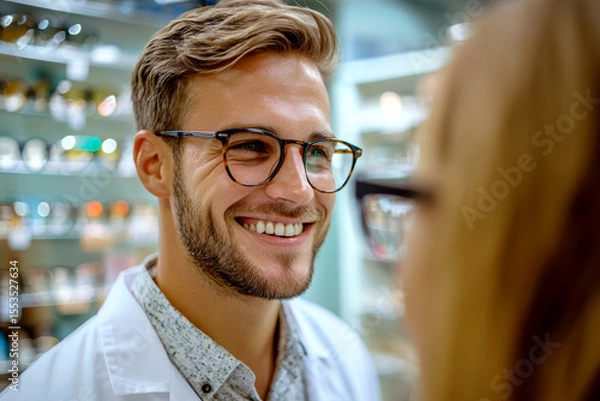 Fototapeta A smiling man in a lab coat and glasses is talking to a blurred person in an eyewear store. Concept of professional interaction. For eye care services photo.