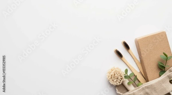 Obraz Eco-friendly bath items in a canvas bag on a white background