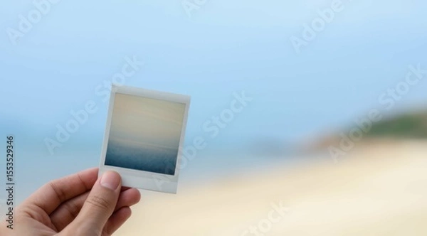 Obraz Hand holding photo by beach with horizon and blue sky in the background