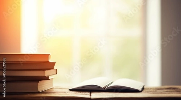 Obraz Stack of books and open notebook on a wooden table, with soft light.
