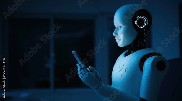 Obraz Humanoid robot using a cellphone. Artificial intelligence concept.