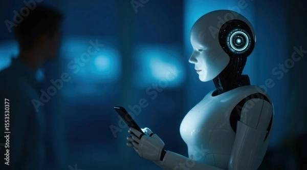 Obraz Android uses phone with blurred man in background, future concept