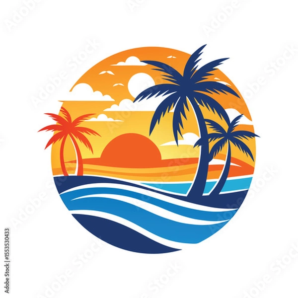 Fototapeta Stylized beach sunset with ocean waves and palm trees vector illustration isolated on white background