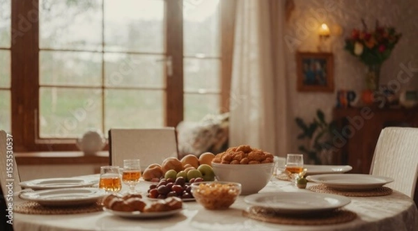 Obraz Festive table setting with food, drinks, and fruit in cozy room.