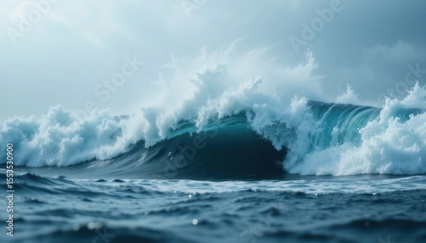 Fototapeta A large ocean wave crests and breaks, creating a splash of white foam against a cloudy sky.