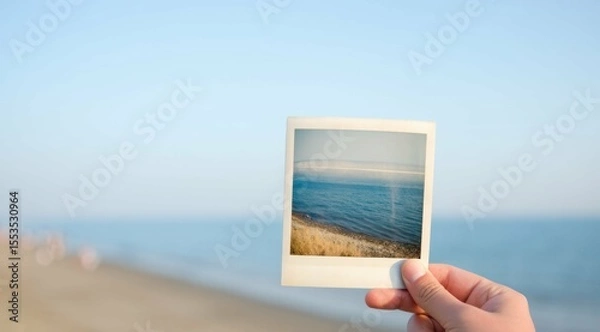 Obraz Hand holding a photo of the ocean by the beach on a sunny day