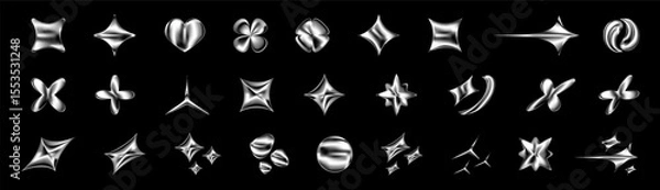 Fototapeta 3D chrome icons in Y2K style. Silver metal star, heart and sphere shapes with glossy surface and holographic gradient. Abstract futuristic Isolated set elements with sparkle, fluid form and retro vibe