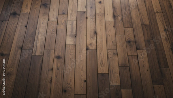 Fototapeta Close-up of a hardwood floor with varying shades of brown, showcasing the wood grain and plank pattern.