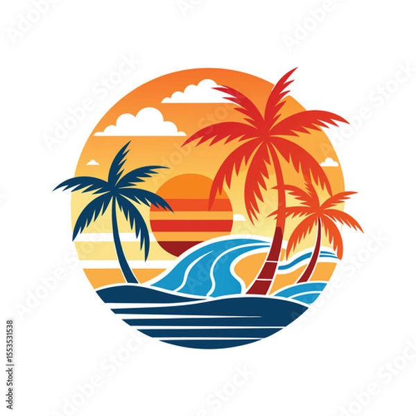 Fototapeta Stylized tropical island beach with sunset and ocean vector illustration isolated on white background