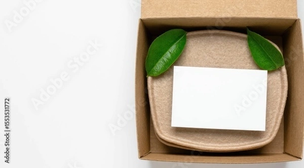 Obraz Brown cardboard box with blank card and green leaves on white background