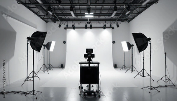 Fototapeta A professional photography studio setup with lighting equipment ready for use.