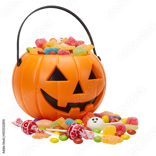 Obraz Spooky Halloween Jack-o'-Lantern Candy Bucket Overflowing with Sweets and Lollipops – Isolated on White or Transparent Background
