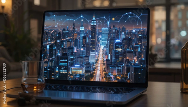 Fototapeta Night cityscape displayed on laptop screen, alongside whiskey glass, suggesting late-night work or contemplation.