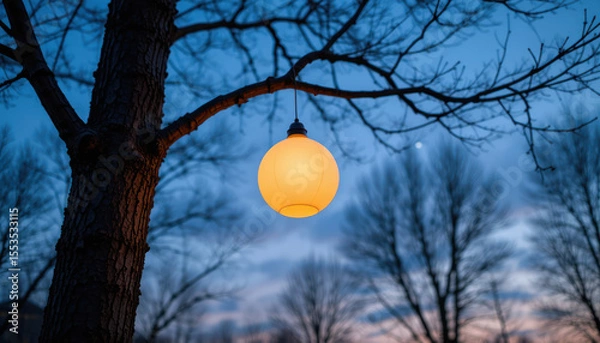 Fototapeta Illuminated orb hanging from a tree branch at twilight.