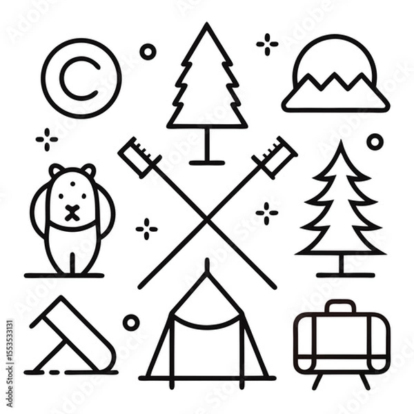 Fototapeta Collection of simple line art icons representing camping and outdoor adventure elements like trees mountains and a tent