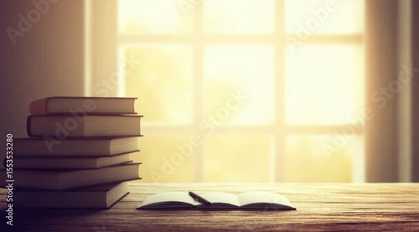 Obraz Stack of books and notebook on a wooden desk by a bright window