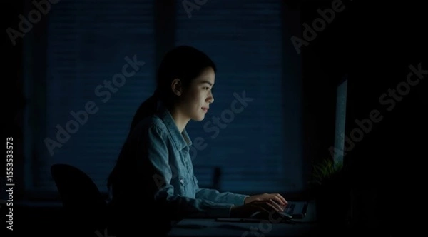 Obraz Young woman working late at night in home office, typing on a computer