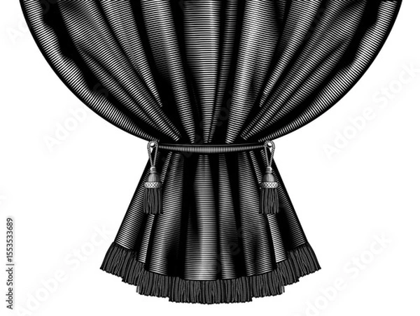 Fototapeta Classic curtain frame with tassel and fringe, isolated on white. Drawing in vintage engraving style. Vector illustration