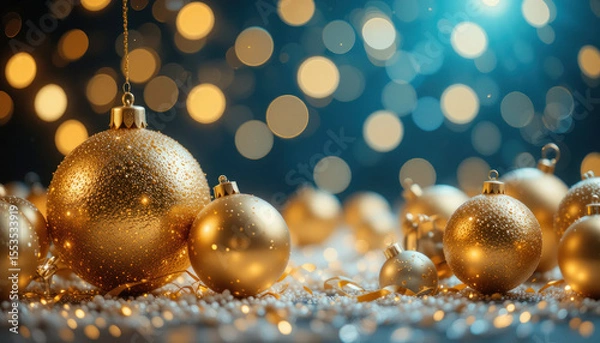 Fototapeta Golden Christmas ornaments scattered on a surface, with a bokeh background of blue and gold lights.