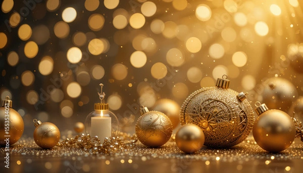 Fototapeta Golden Christmas ornaments and a candle glow amidst sparkling bokeh lights, creating a festive holiday scene.