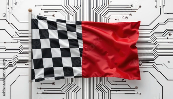 Fototapeta A checkered flag, split red and black, is displayed against a circuit board background.
