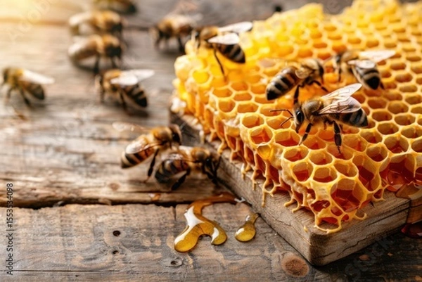 Fototapeta Bees working on honeycomb producing honey on wooden table