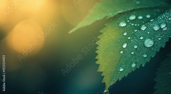 Obraz Close-up of vibrant green leaf covered in water droplets, nature background