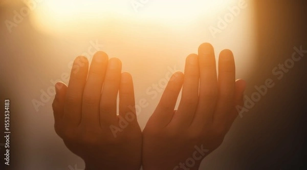 Obraz Open hands reaching for light, illuminated by a golden glow