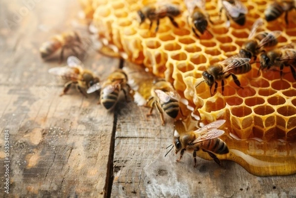 Fototapeta Bees working on honeycomb producing honey on wooden table